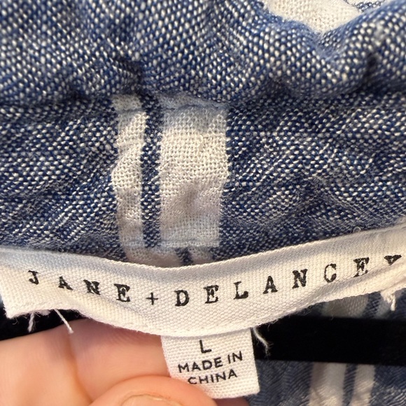 Jane + Delancey Blue Stripe Short Sleeve Button Down Shirt Coastal Gauze Top L - Picture 8 of 10